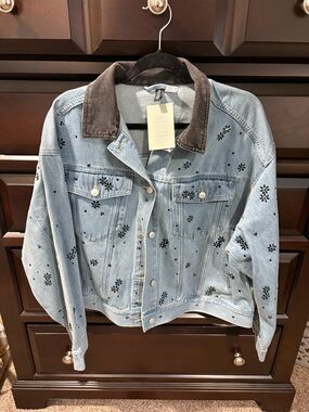 H&M Light Blue Denim Jean Jacket with Black Collar and Floral Eyelet Details